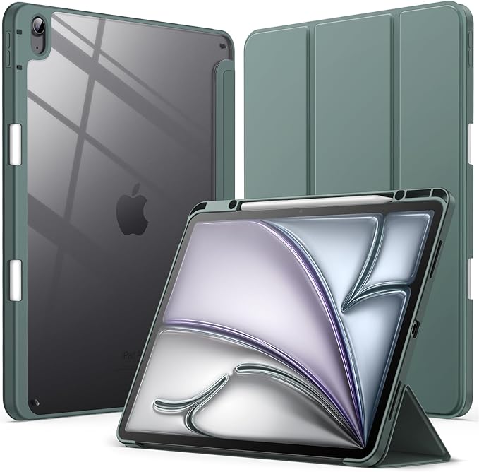 JETech Case for iPad Air 13-Inch M4/M3/M2 (2026/2025/2024) with Pencil Holder, Clear Transparent Back Shell Slim Stand Shockproof Tablet Cover, Auto Wake/Sleep (Midnight Green)