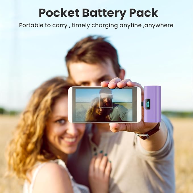 [2-Pack]Small Portable Charger 5200mAh, Upgraded PD USB C Power Bank Built-in USB-C Connector,LCD Display Battery Pack Compatible with iPhone 15/15 Plus/15 Pro/15 Pro Max/Samsung Android(Black+Purple)