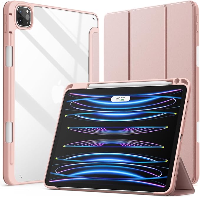JETech Case ONLY for iPad Pro 11 Inch (2022/2021/2020/2018) with Pencil Holder, Clear Transparent Back Shell Slim Stand Shockproof Tablet Cover, Auto Wake/Sleep (Rose Gold)