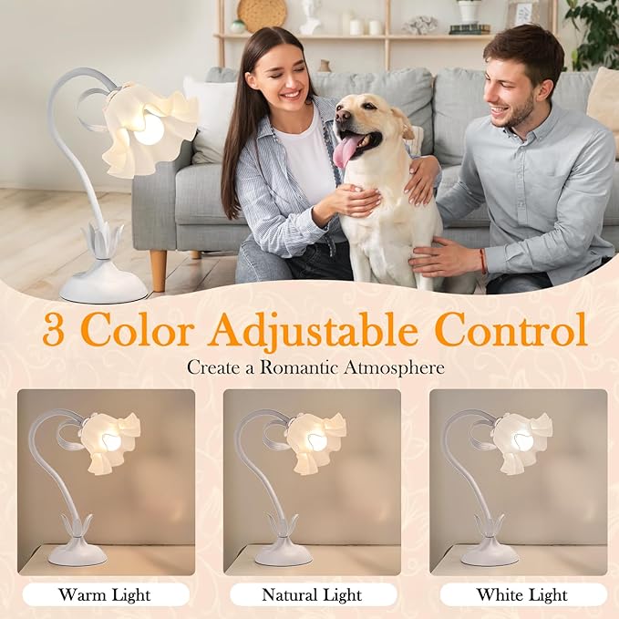 WERFOP Flower Table Lamp, LED Reading Light Vintage Bedside Table Lamp with 3 Color Modes for Nightstand, Kawaii Decoration for Home Bedroom Living Room (White)