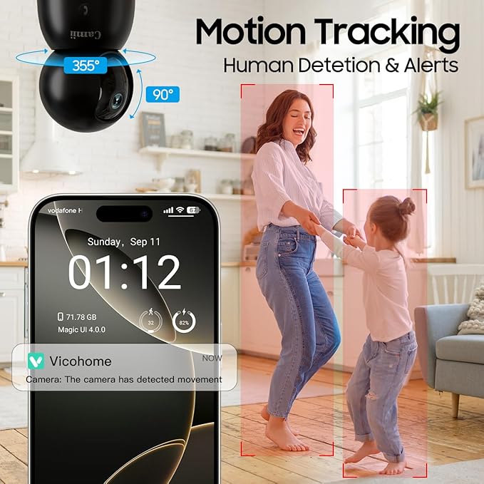 2K Security Camera Indoor, 2.4G & 5G WiFi Pet Camera for Home Security, Pet/Dog/Elder/Baby Camera with Phone App, Night Vision, Cloud/SD Card Storage, 2-Way Audio, Motion Detection, Black