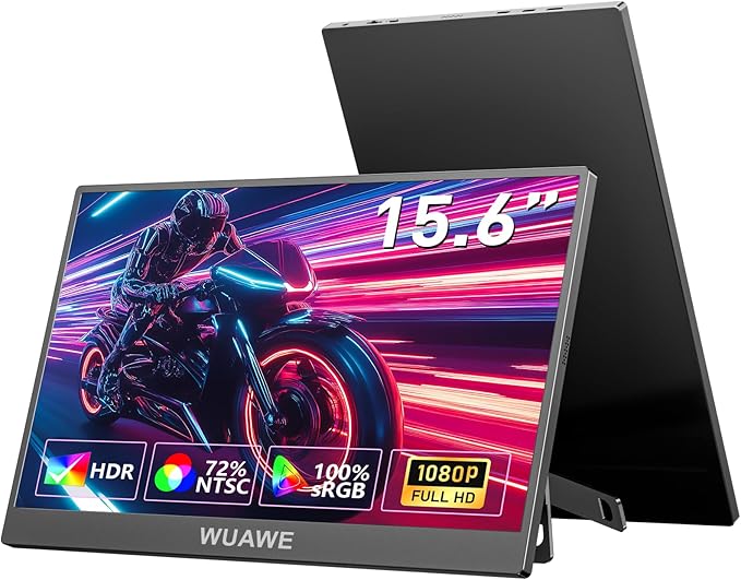 WUAWE Portable Monitor, 15.6'' 72% NTSC 100% sRGB USB C HDMI Travel Monitor for Laptop with Built-in Stand, HDR Freesync Low Blue Light for PC Mac Phone PS5 Switch.