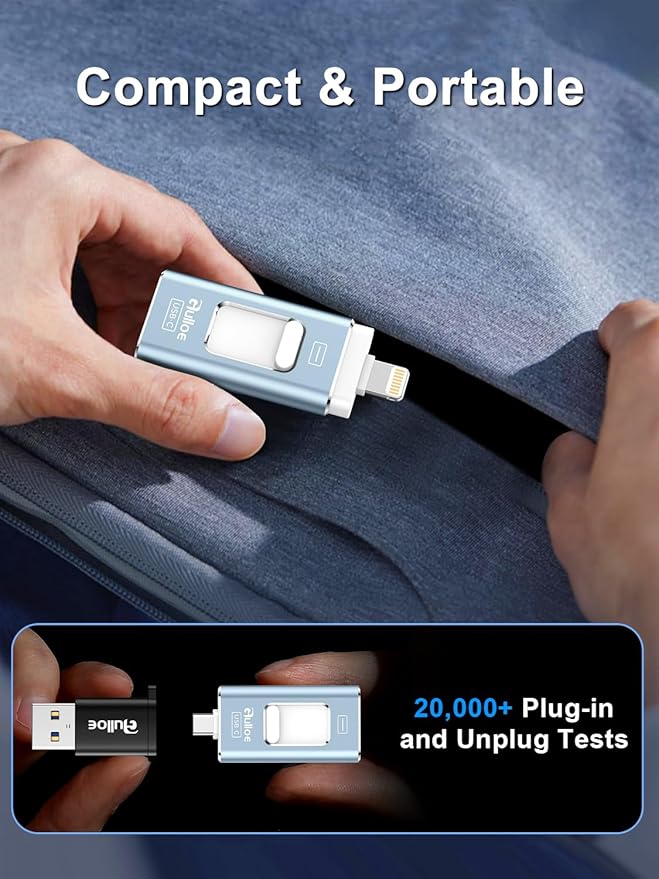 Gulloe 512GB Dual Interface Flash Drive for Phone Storage Photos Videos, Phone USB Backup External Photo Memory Stick - No App Required, Compatible with iPhone, iPad, Android & PC (Mist Blue)
