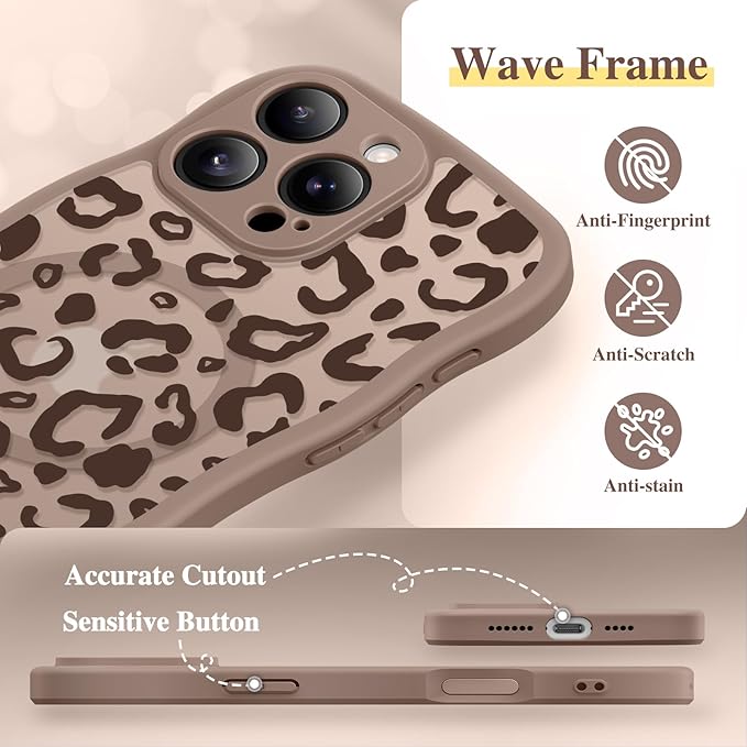 GVIEWIN for iPhone 16 Pro Max Case Compatible with MagSafe [Curly Wave Edge][Full Camera Protection] Floral Translucent Shockproof Magnetic Women Phone Case for 16 Pro Max, Leopard/Brown