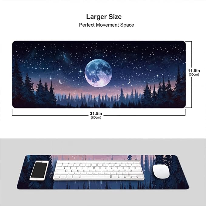 Moon Phases Gaming Mouse Pad Starry Sky Moon Forest Extended Gaming Mouse Pad Mat with Stitched Edge Non-Slip Base Big Mouse Pad 31.5"x11.8" Office Computer Keyboard Laptop Home