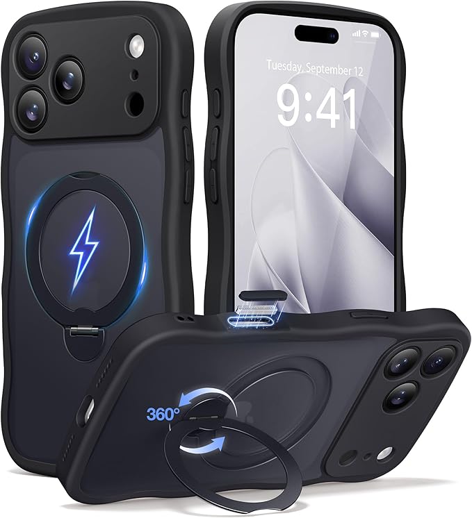 CAPRARO for iPhone 17 Pro Max Case with 360° Spin Magnetic Stand for Women, [Compatible with MagSafe] [Full Camera Protection] Cute Wave Translucent Matte Case for iPhone 17 Pro Max, Black