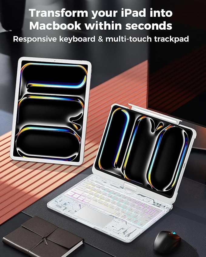 TSQQST Clear Wireless Keyboard Case for iPad Pro 11 Inch (M5/M4) 2025/2024 with Pencil Holder & Multi-Touch Trackpad, Visible PCB, 3-Brightness & 7-Color Backlight, 360° Rotating Stand, White