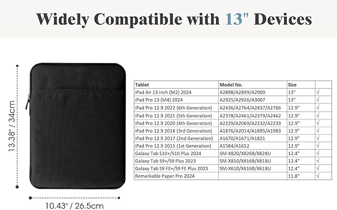 TiMOVO 13 Inch Tablet Sleeve for iPad Air 13" M3 2025, iPad Pro 13"/12.9", Galaxy Tab S9 Plus/S10+/S9 FE+, Remarkable Paper Pro 11.8", Protective Pocket Bag, Black