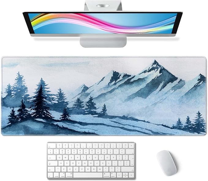Watercolor Winter Mountains Landscape Desk Mat, Extended Big Mouse Mat for Home and Office, Large Gaming Mousepad Laptop Keyboard Mat with Non-Slip Rubber Base, Stitched Edges (31.50"x11.8"x0.12")