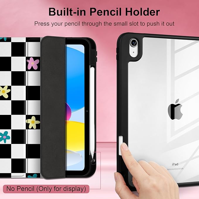 Case for iPad Air 11 inch M4 2026 M3 2025 M2 2024,iPad Air 5th (2022) / 4th (2020) 10.9 Inch Clear Back Shell Lightweight Shockproof TPU Edge Trifold Stand Auto Wake Sleep Cute Cover, Grid