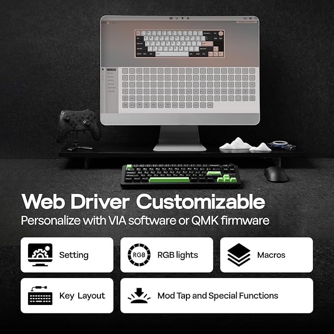 EPOMAKER Galaxy68 QMK/VIA Wireless Mechanical Keyboard, Anodized Aluminum, TOP/Gasket, 6000mAh, RGB Side/Backlight, 65% Gaming Keyboard with Hot-Swap Creamy Switch (Black, Marble White Switch)