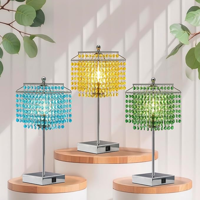 Luvkczc Crystal Table Lamp with Touch Control, Bedside Crystal Table Lamp with USB C+A Ports,Dimmable Lamp for Girls Bedroom, Living Room, Green & B11 LED Bulb Included