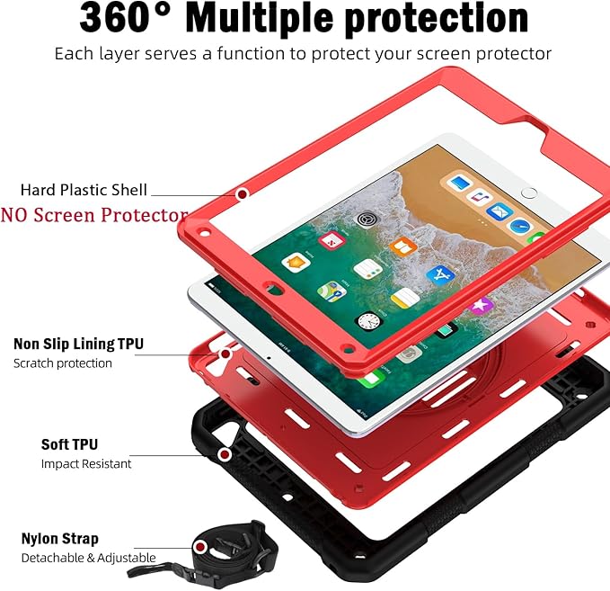 BMOUO Case for iPad 6th/5th Generation Case (9.7 inch, 2018/2017), 360°Rotating Stand, Hand/Shoulder Strap Shockproof iPad 9.7” Case for iPad Air 2, Black and Red