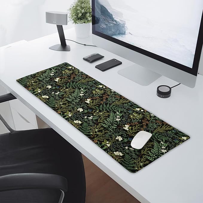 Black Aesthetic Vintage Botanical Gaming Mouse Pad XL Cute Forest Green Plant Nature Floral Extended Large Big Mousepad Non-Slip Stitched Edge Long Mat for Desk Office Computer,31.5×11.8 in