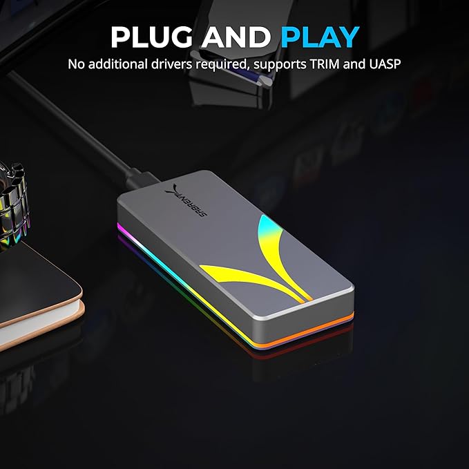 SABRENT Rocket RGB NVMe & SATA M.2 SSD Enclosure – USB C 20Gbps Tool-Free Case, USB 3.2 Gen 2x2, Trim, UASP, RGB LED, Compatible with 2230/2242/2260/2280 Drives – Aluminum, Plug & Play (EC-RGBG)