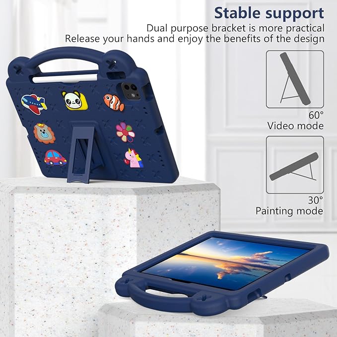 Dteck iPad Air 13"/Pro 13" 2024 M4/Pro 12.9 6th/5th/4th/3rd Gen Case - Cartoon Panda Shockproof Rugged Lightweight Convertible Stand With Handles, Kids Friendly, Navy Blue
