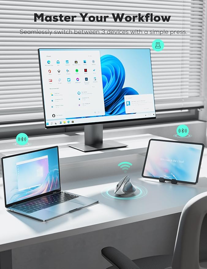 Nulea MD280 Ergonomic Vertical Wireless Mouse - Bluetooth & 2.4G Dual Mode, 4 Adjustable DPI 800/1200/1600/2400, Rechargeable, Silent Clicks, No Lag, 6 Buttons - Perfect for Laptop, Desktop Grey