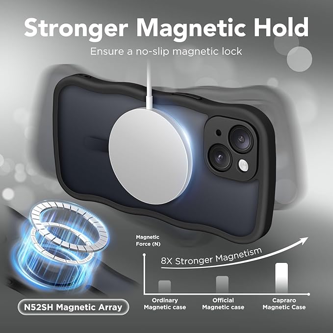 CAPRARO Cute for iPhone 15 Plus Case, Compatible with MagSafe, [Curly Wave Edge] [Full Camera Protection] [14 FT Drop Protection] Magnetic Phone Case for 15 Plus 6.7 Inch, Black
