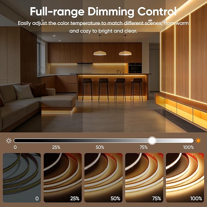 V4light COB LED Strip Light, Warm White (2700K), 12V Tape Light, CRI 95+, 3W/FT High Density, Dotless, Cuttable, UL Listed, Gold-Plated PCB for Bedroom, Kitchen, Cabinets (No Power Supply)