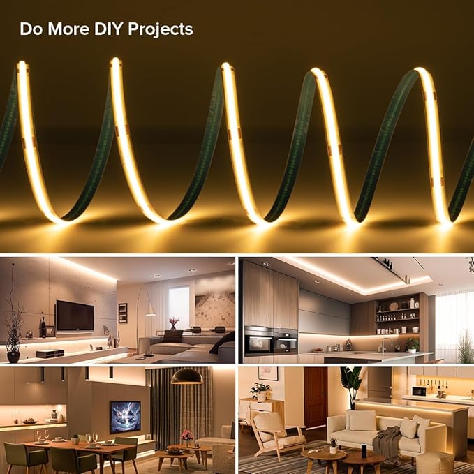 COB LED Strip Lights 16.4FT DC12V Warm White 2700K Dimmable Flexible Uniform Adhesive 480LEDs/m COB Strips for DIY Home Decor Shelf Cabinet, No Adapter/Controller