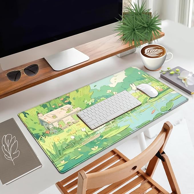 Cute Anime Bunny Forrest Green Mouse Pad Xl-31.5x15.7in-Desk Mousepad-Extended Aesthetic Keyboard Mouse Pad-for Desk Kid Girl with Stitched Edges Non-Slip Cozy Office Decor