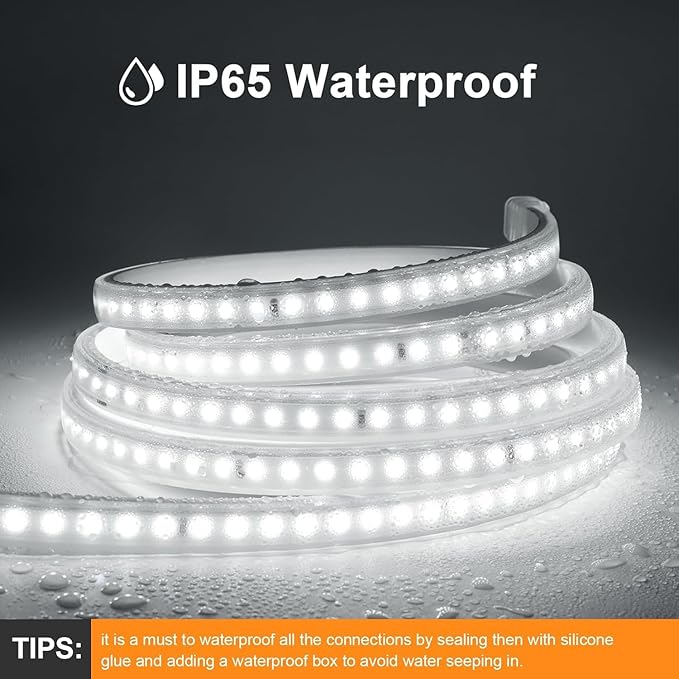 LED Strip Lights Outdoor Waterproof, 600 LEDs, 6500K Cool White, 16.4ft LED Rope Lights for Bedroom, Kitchen, Garden, Patio, Indoor Christmas Decoration, AC 110V (White Light, 16.4 ft)