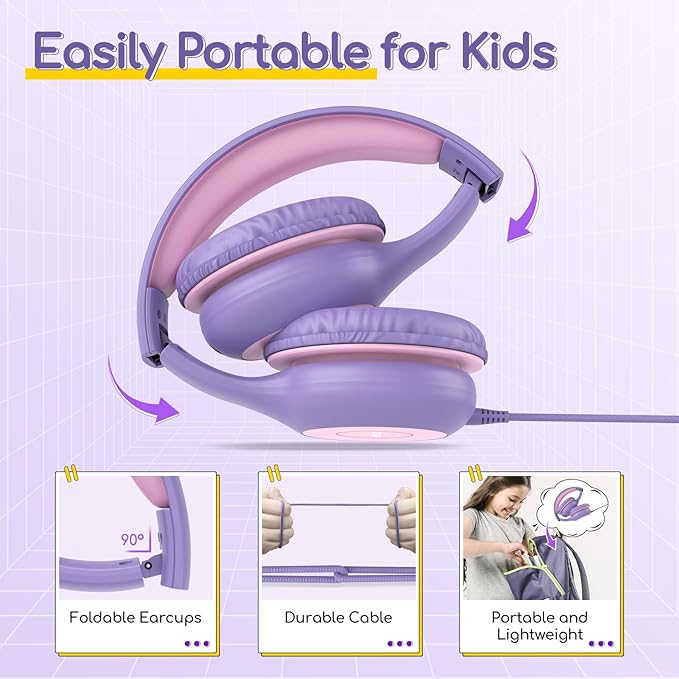 EarFun Kids Headphones Wired with Microphone, 85/94dB Volume Limit Headphones for Kids, Portable Wired Headphone with Shareport, Stereo Sound Foldable Headset for School/Tablet/iPad, Violet Pink
