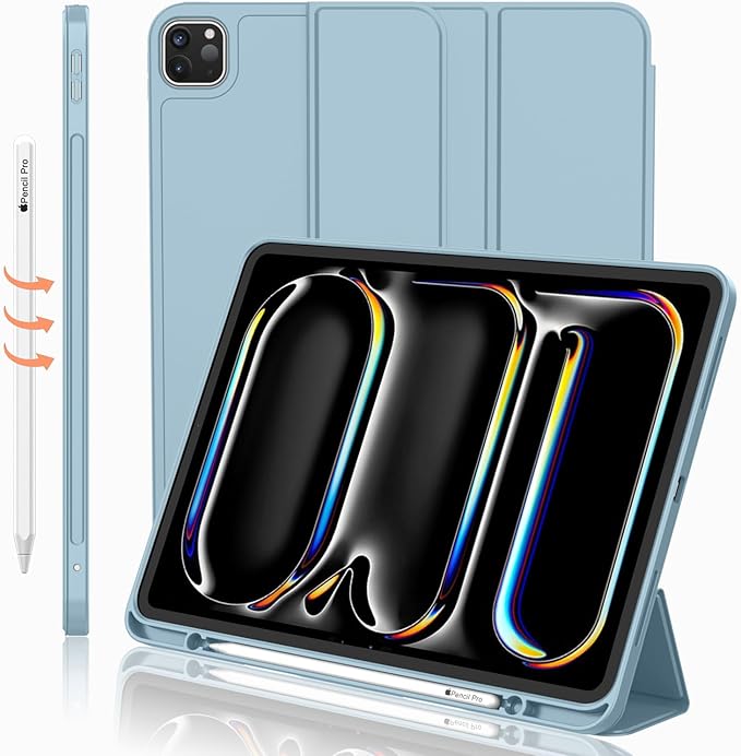 iMieet Case for iPad Pro 11 Inch (M5) 2025 /(M4) 2024 5th Gen, Trifold Stand Smart Cover with Pencil Holder and Soft TPU Back, Auto Wake/Sleep (Light Blue)