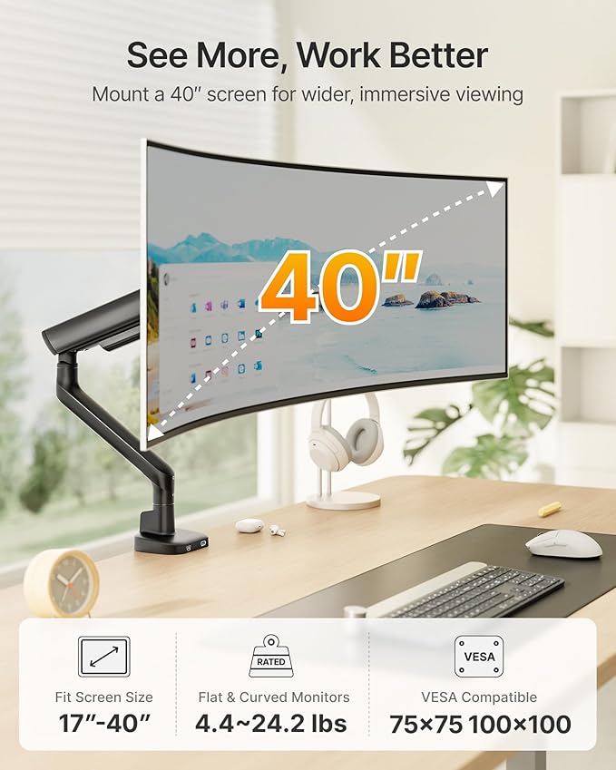 monTEK Single Monitor Arm with USB, Mechanical Spring Monitor Arm for 17-40" Screens, Adjustable Monitor Desk Mount Holds up to 26.4 lbs with C Clamp/Grommet Desk Mount, VESA 75/100mm