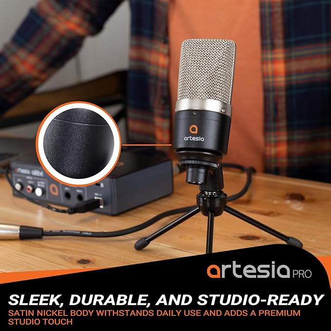Artesia AMC-10 Condenser Microphone with Desktop Stand & 8ft XLR Cable Output, Professional Cardioid Studio Mic with Shock Mount & Pop Filter for Vocal Recording, Podcasting, Music Production