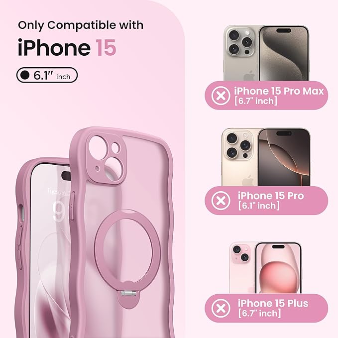 CAPRARO for iPhone 15 Case with 360° Spin Magnetic Stand for Women, [Compatible with MagSafe] [Full Camera Protection] Cute Wave Translucent Matte Case for iPhone 15, Black Currant