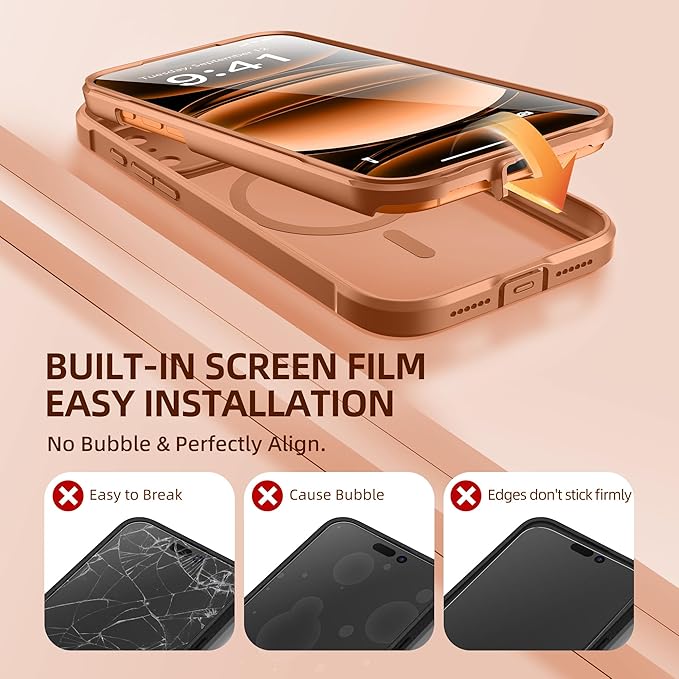 BERFY for iPhone 17 Pro Case, Compatible with MagSafe, Built-in Glass Screen Protector, Camera Protection, Shockproof Full Body Phone case 6.3", Clear Dark Orange