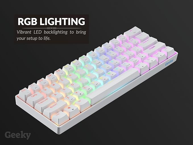 Geeky GK61 SE 60% | Mechanical Gaming Keyboard | 61 Keys Multi Color RGB LED Backlit for PC/Mac Gamer | ANSI US American Layout (White, Mechanical Brown)