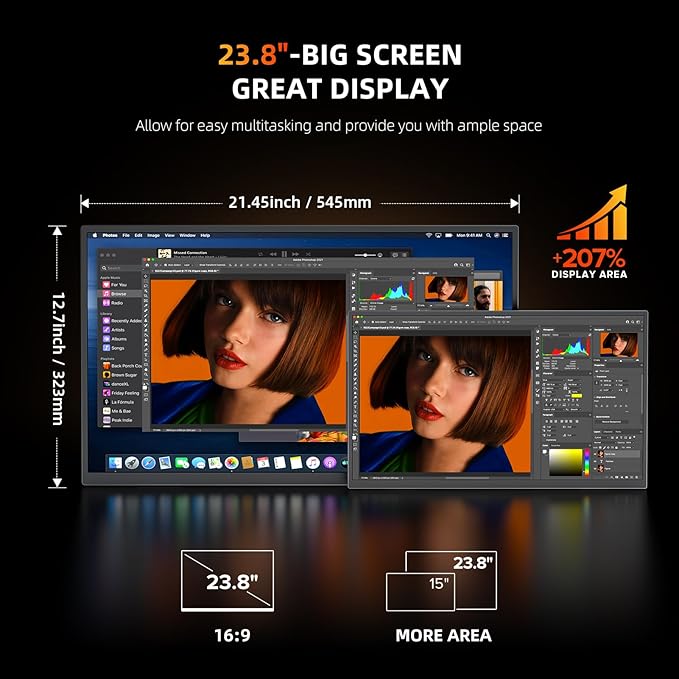 UPERFECT Portable Monitor 4K 23.8" QLED| 400 Nits 24" Large Monitor | 3840 * 2160 UHD 100% DCI-P3 | 1MS FreeSync | USB-C & HDMI | VESA & Stand | Second Screen for Computer, Mini PC, Game Consoles