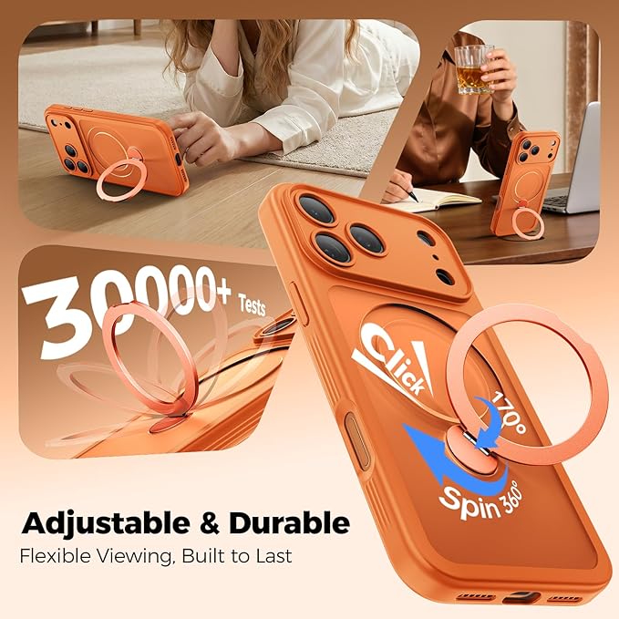 for iPhone 17 Pro Max Case [ 360° Spin Magnetic Stand] [Full Camera Protection] Compatible with Magsafe, 15FT Military-Grade Protection, Translucent Anti-Slip Phone Case 6.9'', Cosmic Orange
