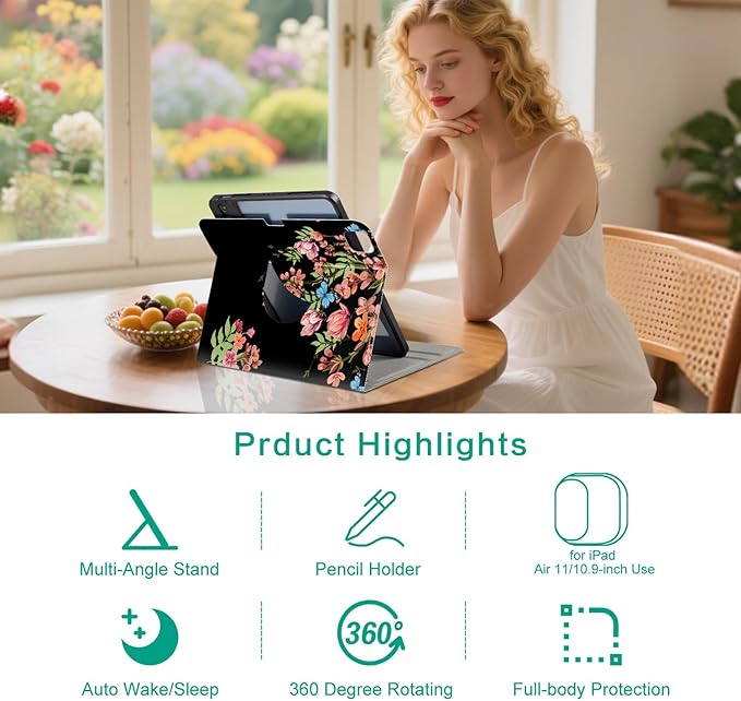 Rotating iPad Air 11-inch Case M4/M3/M2, Case for iPad Air 5th/4th Generation 10.9 Inch,360 Swivel Multi-Angle Adjustable Stand with Pencil Holder for iPad Pro 11-inch case,Flowers Hummingbird