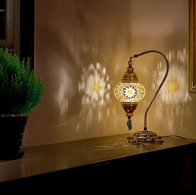 DEMMEX Turkish Moroccan Mosaic Table Lamp – Handcrafted Tiffany-Style Colorful Glass Swan Neck Bedside, Desk, Table Light, Boho Artisan Accent Lighting for Bedroom or Living Room – 15" H, Amber Brown