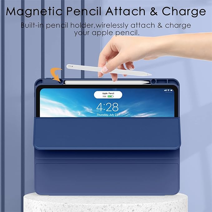 Soke Case for iPad Pro 12.9 Inch (6th/5th/4th/3rd Generation, 2022/2021/2020/2018) - Pencil Holder + Auto Sleep/Wake + Camera Protection, Transparent Shockproof Back Cover, Navy