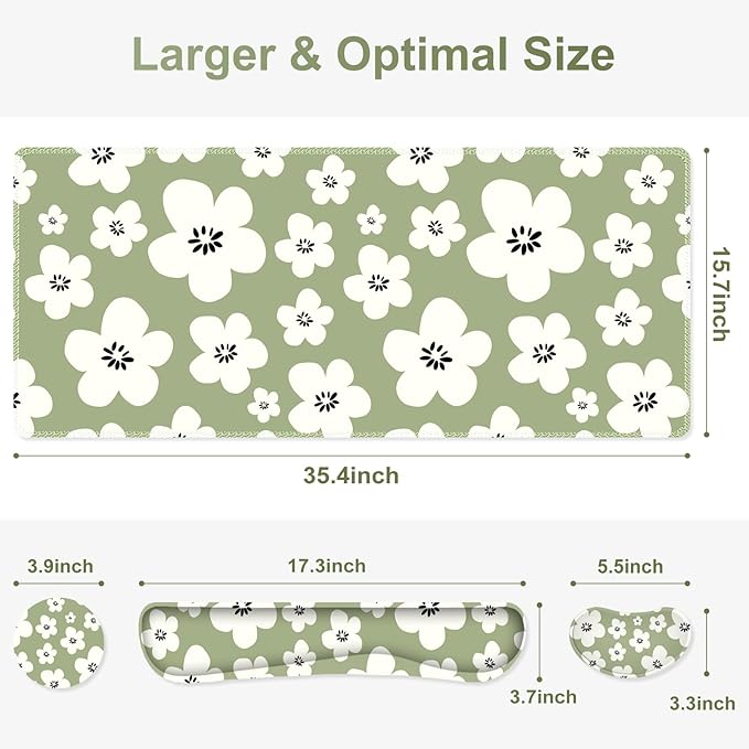 Large Gaming Mouse Pad Set, 4 in1 Ergonomics Keyboard Desk Mat w/Memory Foam Wrist Rest, Computer Extended Game Mousepad, Non-Slip Desk Matt Pad Easy Typing Pain Relief I Green Lucky Florals