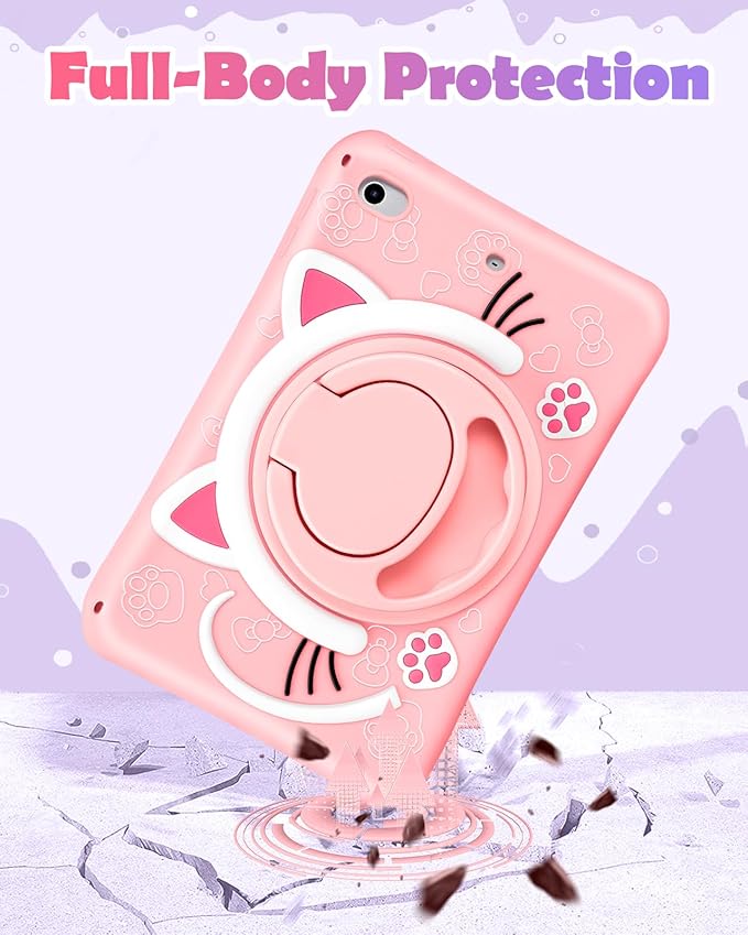 Wazzasoft for iPad mini 1/2/3 Case 7.9 Inch Girls Cute Cat Kawaii Cover Girly 3D Cartoon Women Kitten with Rotating Handle Stand & Strap Soft Silicone Funda for Apple iPad mini 3rd/2nd/1st Gen Cases