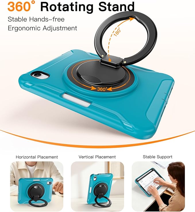 BATYUE Shockproof Case for iPad mini 7 (A17 Pro)/ Mini 6 8.3 inch (2024/2021) - 360° Multi-Angle Stand (Portrait & Landscape) & Grip, Built-in Pencil Holder, Lake Blue