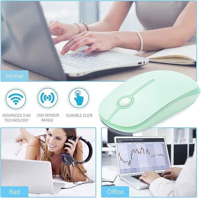 VssoPlor Wireless Mouse, 2.4G Slim Portable Computer Laptop Mouse with Nano Receiver Quiet Silent Optical Mice for Notebook, PC, Laptop, Computer-Light Green