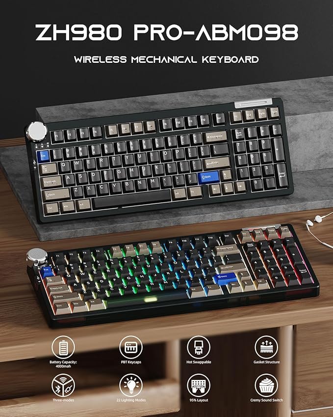 ZORNHER ZH980 Pro Wireless Mechanical Keyboard with Metal Knob,Full Size Thocky Gaming Keyboard,Creamy Keyboard with Number Pad,Thocky Switches,QMK/VIA Support,Retro Black