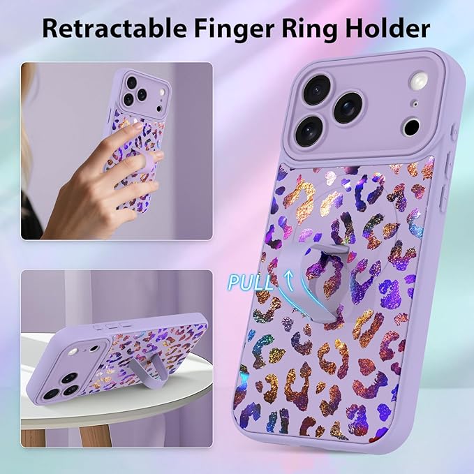 KANGHAR Compatible with iPhone 17 Pro Case, Support for MagSafe, Silicone Cute Iridescent Leopard Cheetah Pattern, Wristband Kickstand Shockproof Protective Slim Cover for Women Girls, Purple
