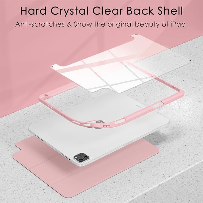 Soke Case for iPad Pro 12.9 Inch (6th/5th/4th/3rd Generation, 2022/2021/2020/2018) - Pencil Holder + Auto Sleep/Wake + Camera Protection, Transparent Shockproof Back Cover, Pink