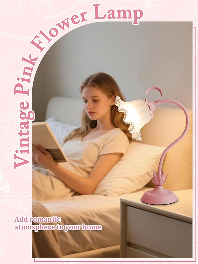 AQDZCNF Flower Table Lamp,LED Reading Light Bedside Vintage Flower Night Light,3 Colors Modes Kawaii Bedside Lamps Decor,Living Room Bedroom Room Lighting Table Lamps Home Decoration (Pink Pearls)