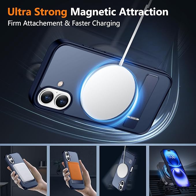 SPIDERCASE Magnetic for iPhone 16 Case,with [3 Stand Ways] [Military Grade Drop Protection] with Invisible Stand Shockproof Slim Phone Case for iPhone 16 6.1'',Blue