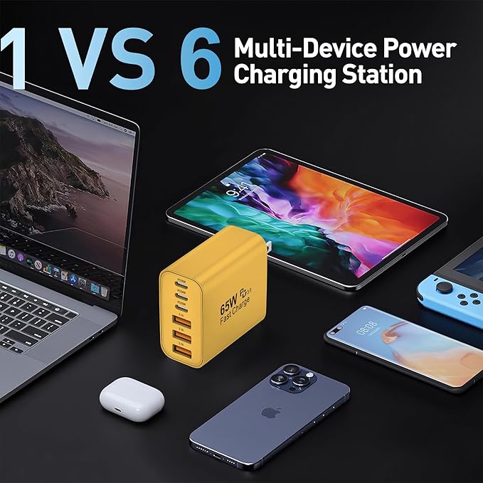 USB C Charger Block,65W 6-Port USBC Charging Block,Wall Charger iPhone Charger Fast Charging,Multiport Type C PD+QC Power Plug for All iPhone 17 16 15 iPad Samsung S23 S24 iWatch Pixel Series (Yellow)