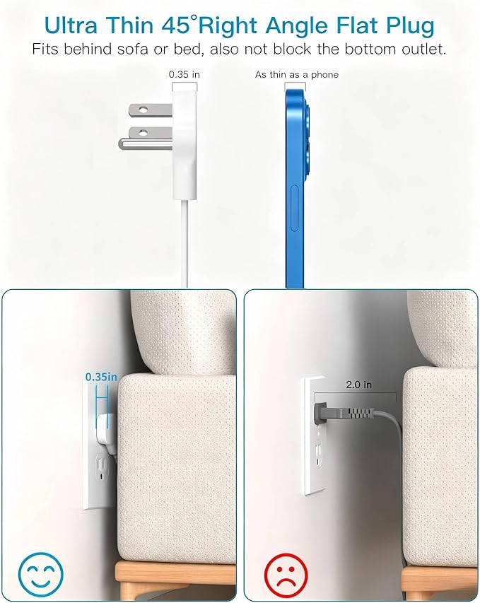 HANYCONY 25 Ft Extra Long Extension Cord with Ultra-Thin Flat Plug, 8 Widely Spaced Outlets & 4 USB Ports (2 USB C), 1080J Surge Protector Power Strip for Home, Office, Workshop, Wall Mount Design