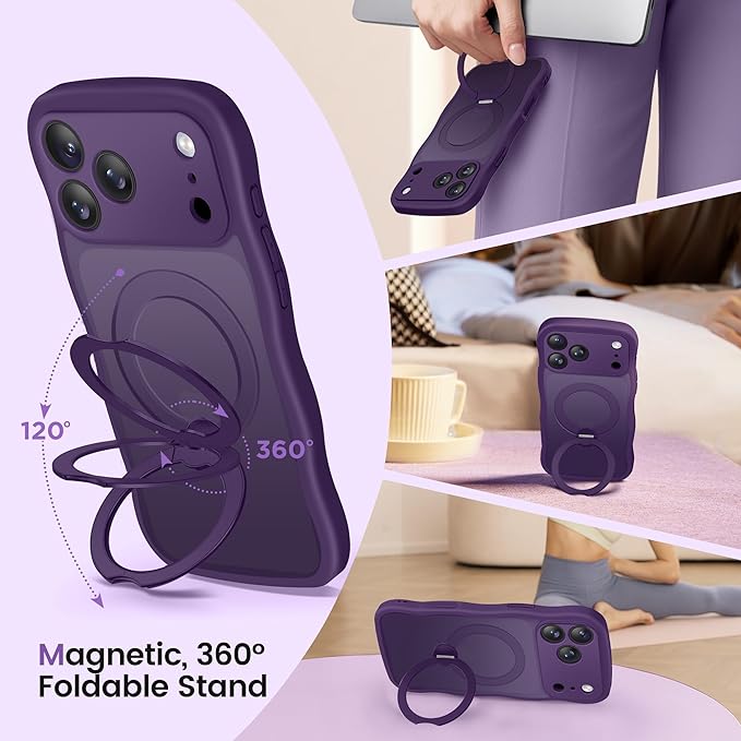 CAPRARO for iPhone 17 Pro Max Case with 360° Spin Magnetic Stand for Women, [Compatible with MagSafe] [Full Camera Protection] Cute Wave Translucent Matte Case for iPhone 17 Pro Max, Deep Purple